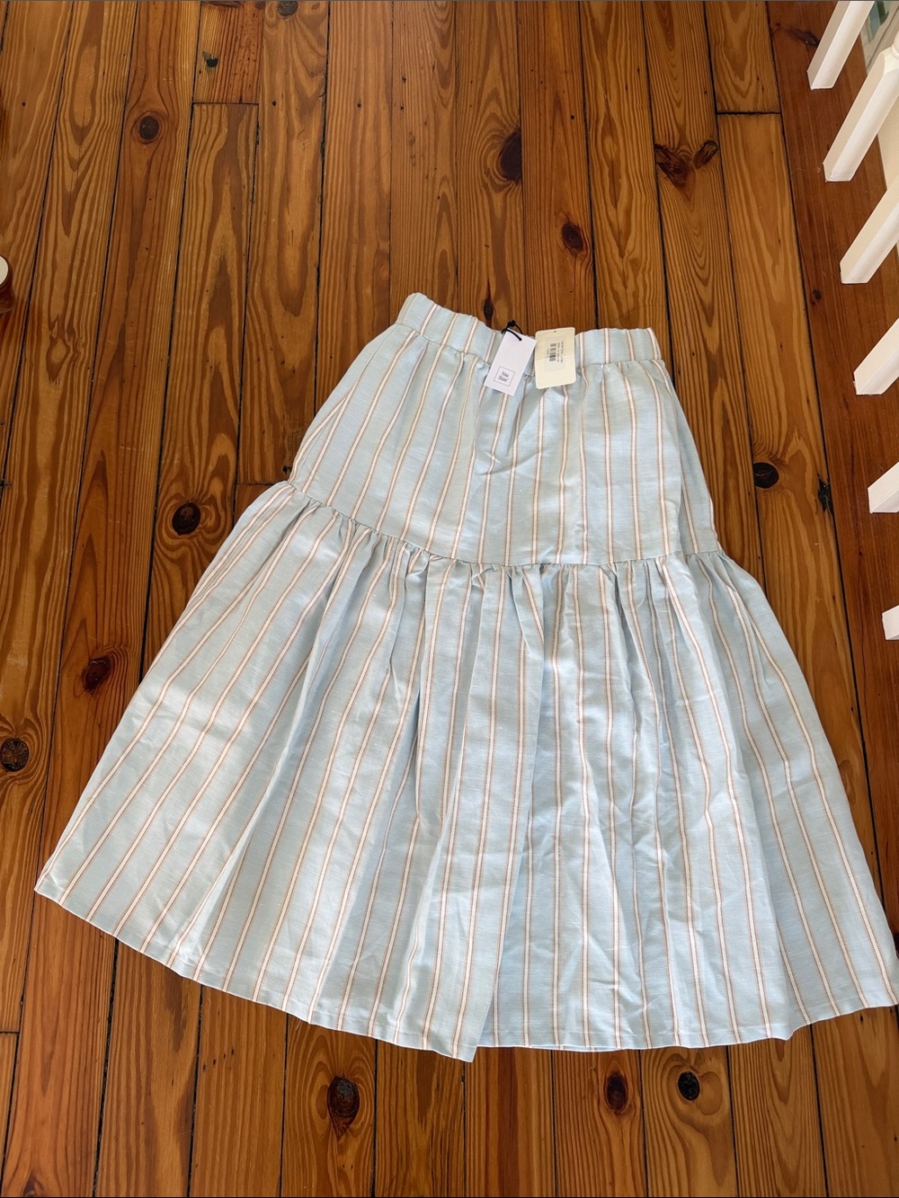 Nina Blanc Light Blue and White Striped Tiered Lauren Midi Skirt medium